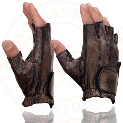 Milwaukee Leather Guantes de Piel para Motocicleta MG7561, Acolchados, sin Dedos, Marrón, Talla L