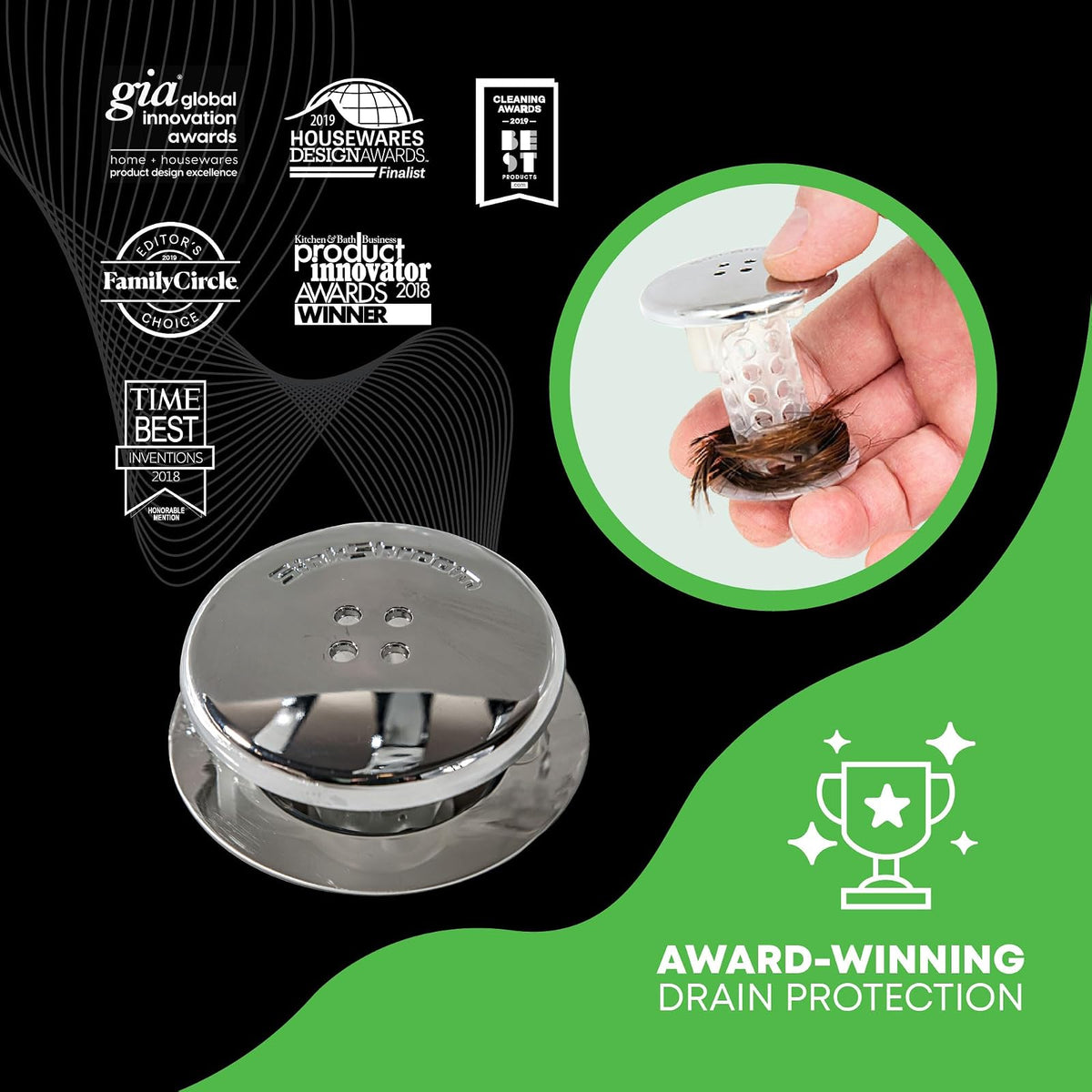 SinkShroom Revolucionario - Protector de Drenaje para Fregadero de baño, colador, Snare, Silicona, Cepillado, edición cromada para Fregadero, 1 a 1.4 Pulgadas