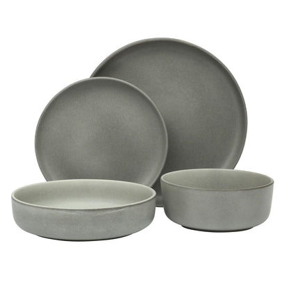 Gibson Soho Lounge Pasco 16 piezas (servicio para 4) platos y cuencos de doble tazón, vajilla de cerámica de gres, color gris