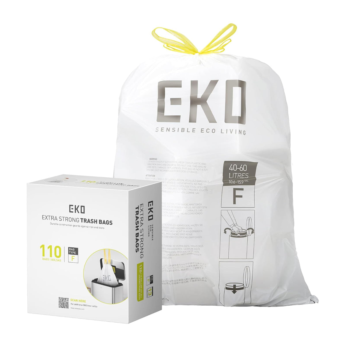EKO Bolsas de Basura extrafuertes con cordón Tamaño F. 40-60 Litros. 110 unidades