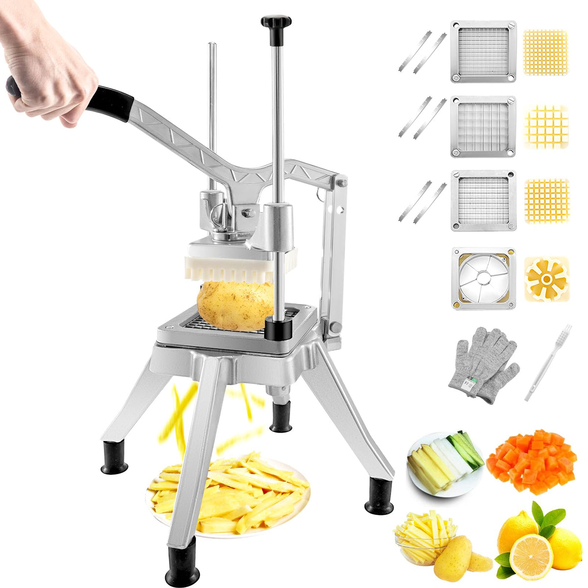 VEVOR - Picador comercial de verduras con 4 cuchillas de repuesto, cortador de patatas francesas de acero inoxidable y cortador de frutas para restaurantes y cocina casera