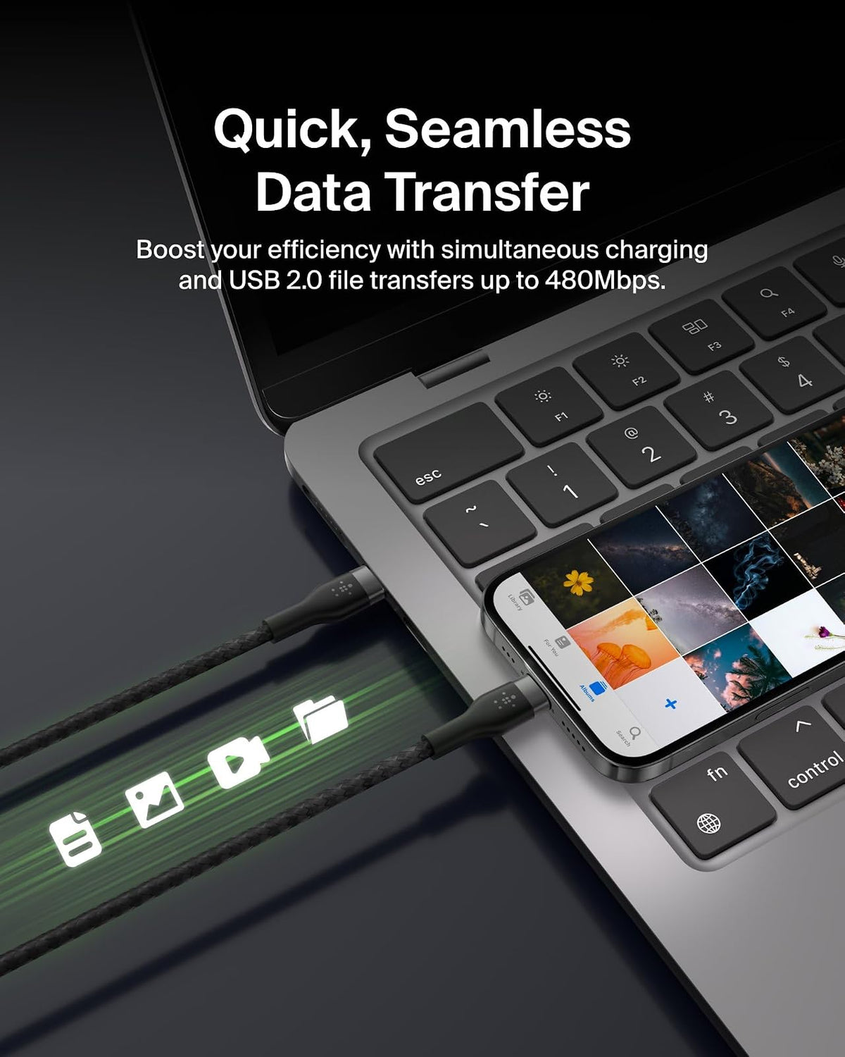 Belkin BoostCharge Pro Flex Cable de carga trenzado USB-C a USB-C (6.5 pies/2 m), cable de carga rápida certificado USB-IF para iPhone 16 Series, MacBook, Galaxy S25, Nintendo Switch 2 y más, color