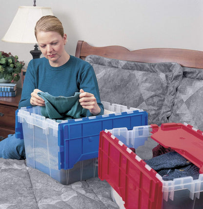 Akro-Mils KeepBox Contenedor de almacenamiento de 12 galones, caja de almacenamiento de plástico apilable y anidable con tapa adjunta, bolsa transparente para garajes, armarios y mudanzas, 21-1/2 x 15