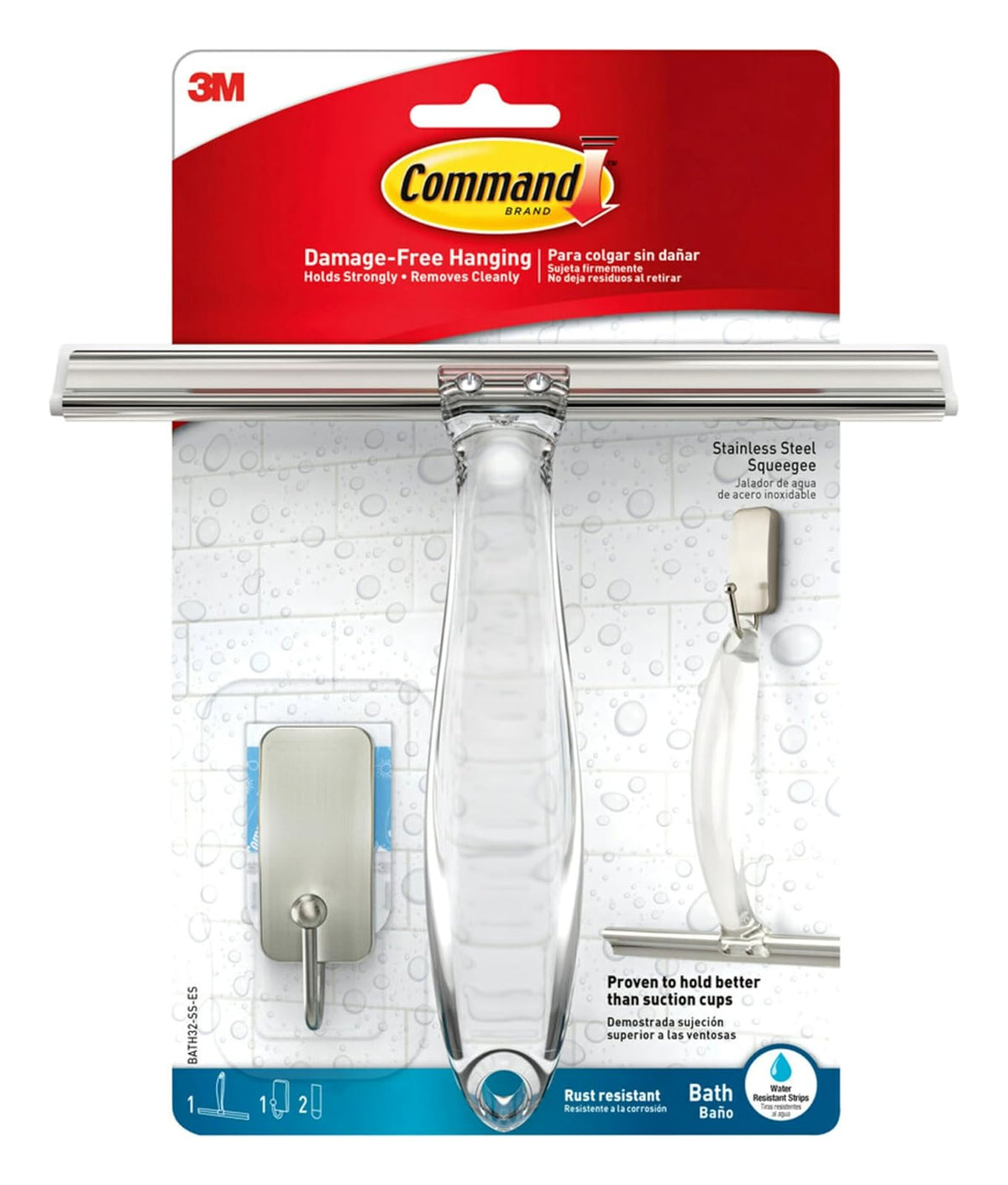 3M, Command, Jalador de Agua de Acero Inoxidable, Modelo BATH32 - Enjugador de goma - Níquel satinado