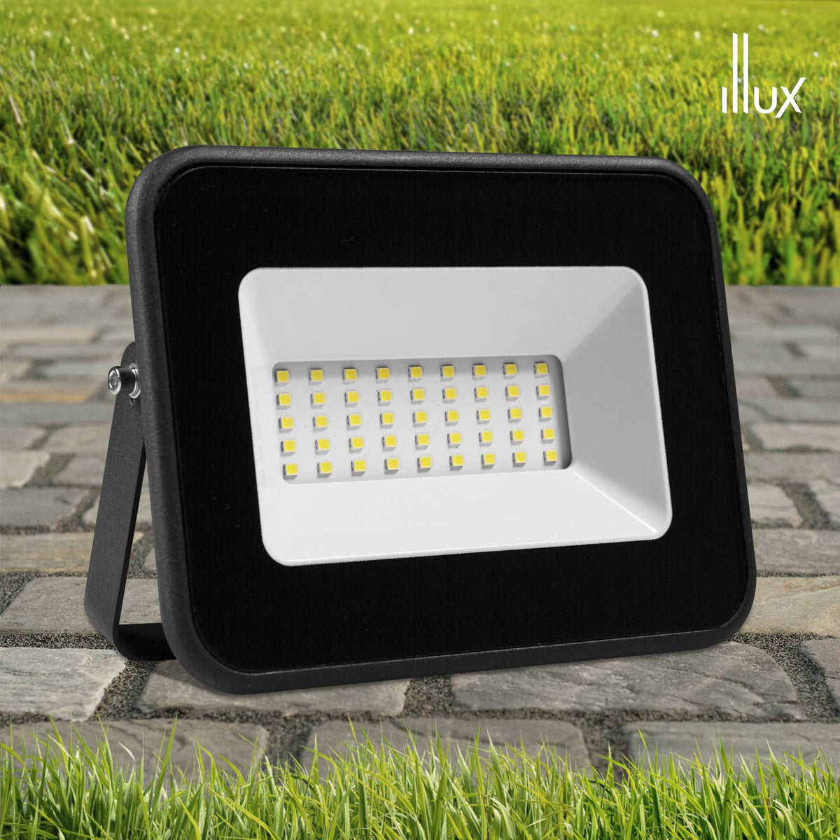 ILLUX Reflector LED Exterior 30W, Luz Fría 6500K, Impermeable IP65, Sobreponer en Piso, Negro, Iluminación para Fachadas y Jardines RL-3630.N65