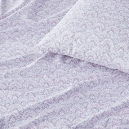 Comfort Spaces - Juego de sábanas de algodón de 144 hilos, transpirable, ligero, suave con bolsillo profundo elástico, ropa de cama moderna para todas las estaciones, funda de almohada a juego, King, morado Tabitha, 4 piezas