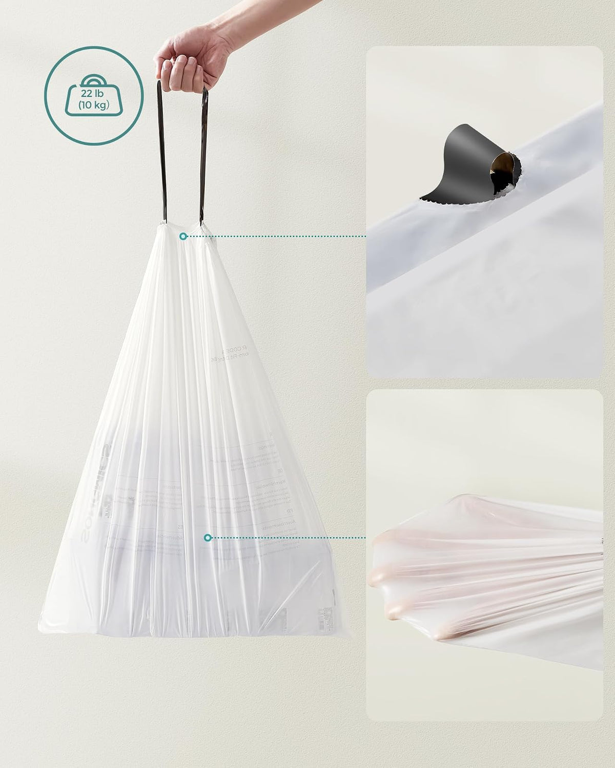 SONGMICS - Bolsas de basura para latas de basura de 12 a 14.5 galones (45-55 l), 80 bolsas de basura de cocina con cordón, preseparadas, código de forro 055A01, 2 rollos, blanco UKRB055A02