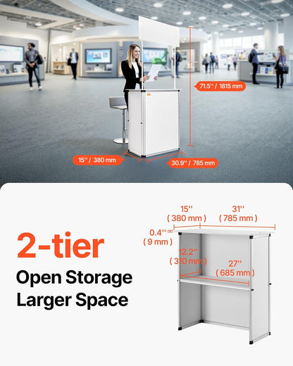 VEVOR Mesa de promoción para mostrador, Mesa de podio portátil, 31 x 15 x 71 Pulgadas, Soporte de exhibición para mostrador de exposiciones con Pared, podio desplegable con Estante de