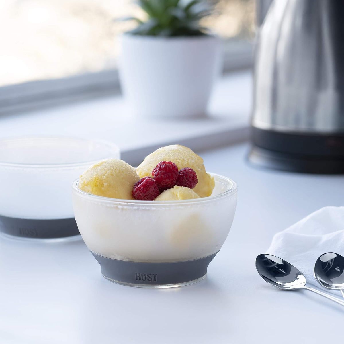 Host tazón para helado, enfriador de gel con aislamiento de doble pared, accesorio de cocina para postre, inmersión, cereales, con agarre de silicona cómodo, plástico, gris, 0,47 litros