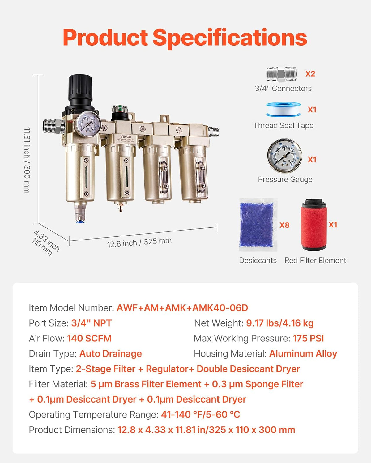 VEVOR Regulador de Filtro para Compresor de Aire, 3/4" NPT, 4 Etapas, 5 μm, 0,3 μm, 0,1 μm y 0,1 μm. Sistema de Secado de Aire con Filtros de Micras y Secador Desecante Doble, Drenaje Automático