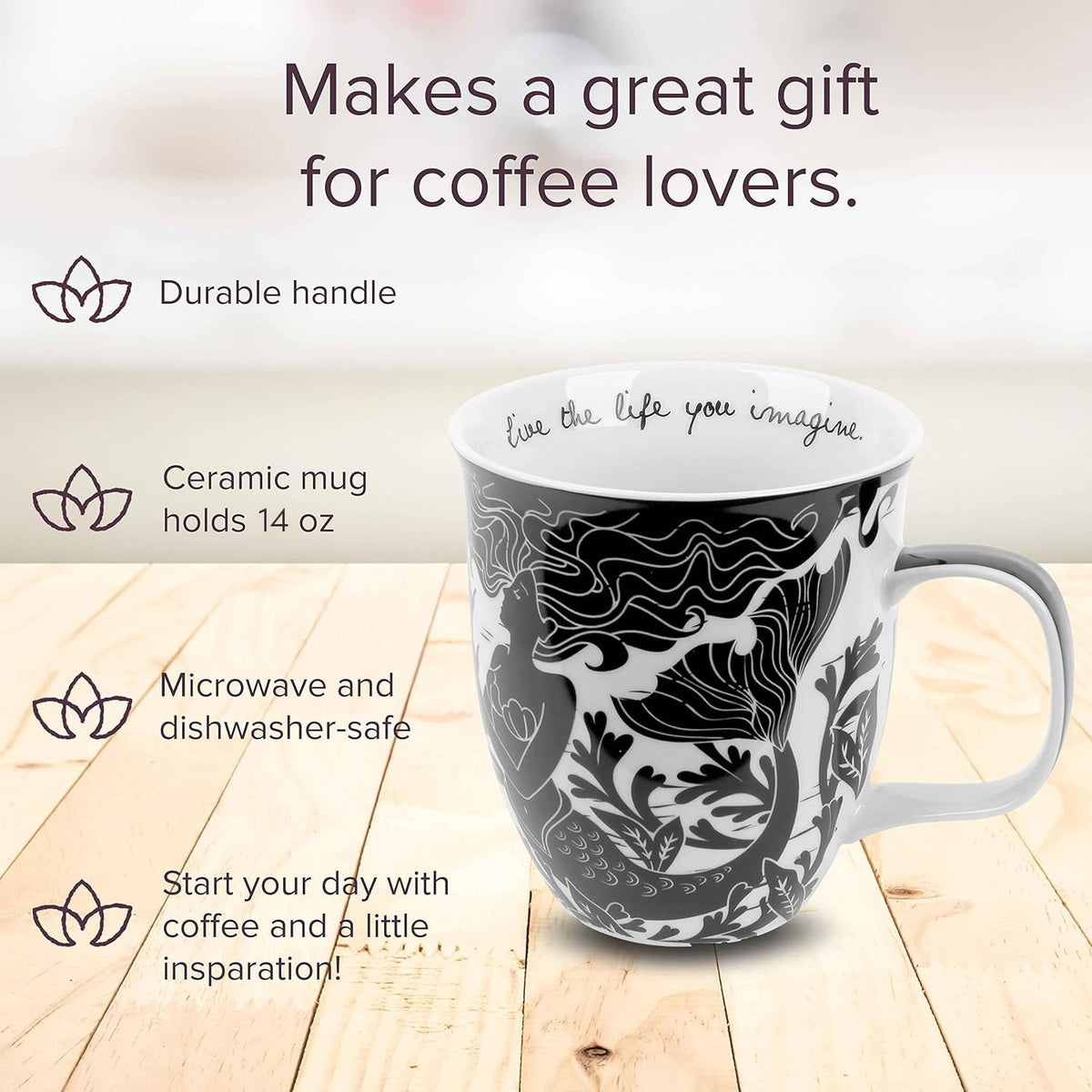 Karma Gifts Boho - Taza, diseño de calavera de azúcar, color blanco y negro, Sirena, Mermaid, 1