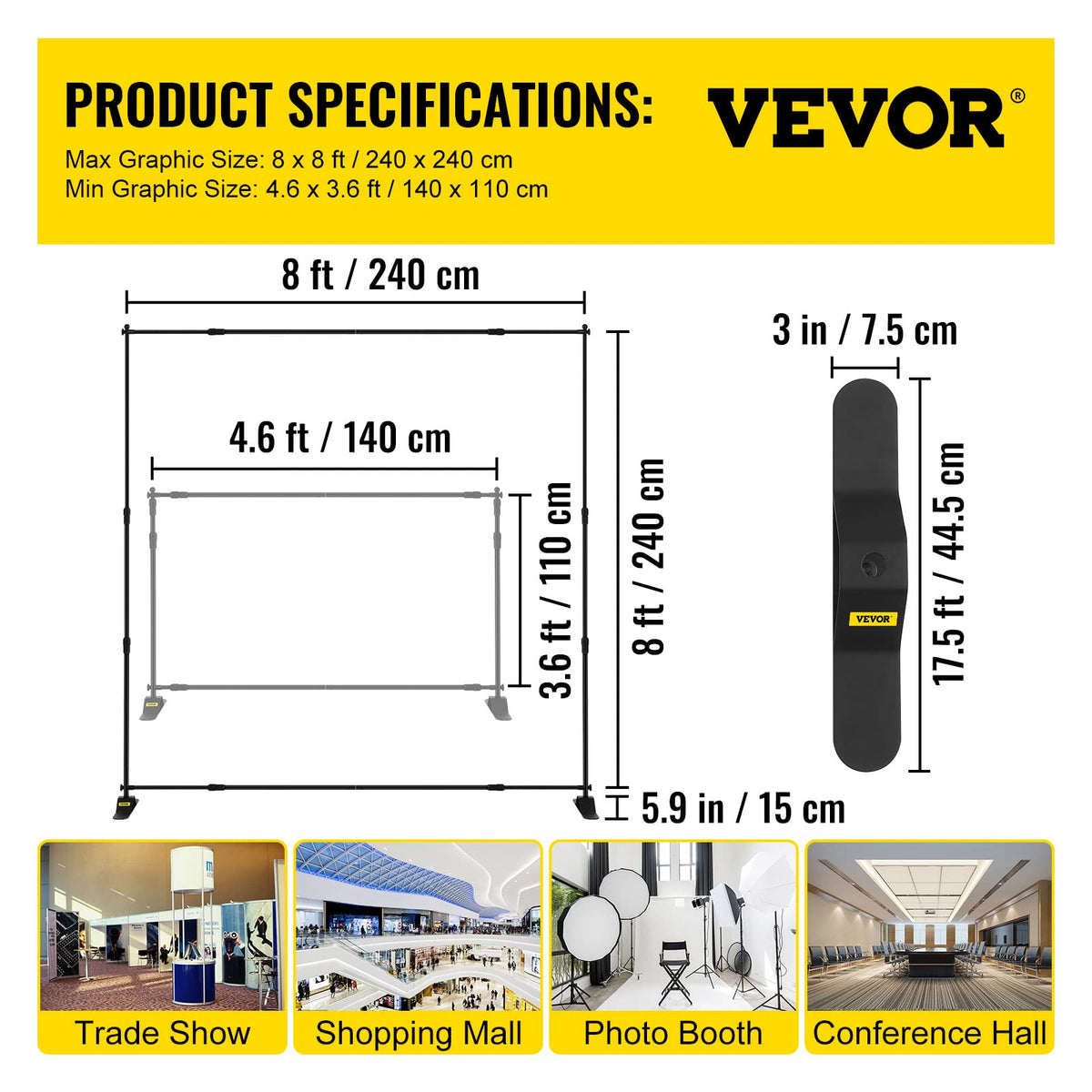 VEVOR - Soporte de telón de fondo de 8 x 8 pies, altura ajustable, telón de fondo con el más nuevo paso y soporte de telón de fondo repetido para fiestas, bodas, fotomatón, feria, 1 bolsa de