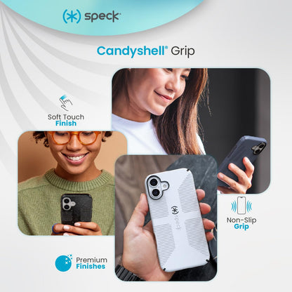 Speck CandyShell Grip - Funda para iPhone 16, MagSafe, Color Negro con Purpurina, Acero y Negro