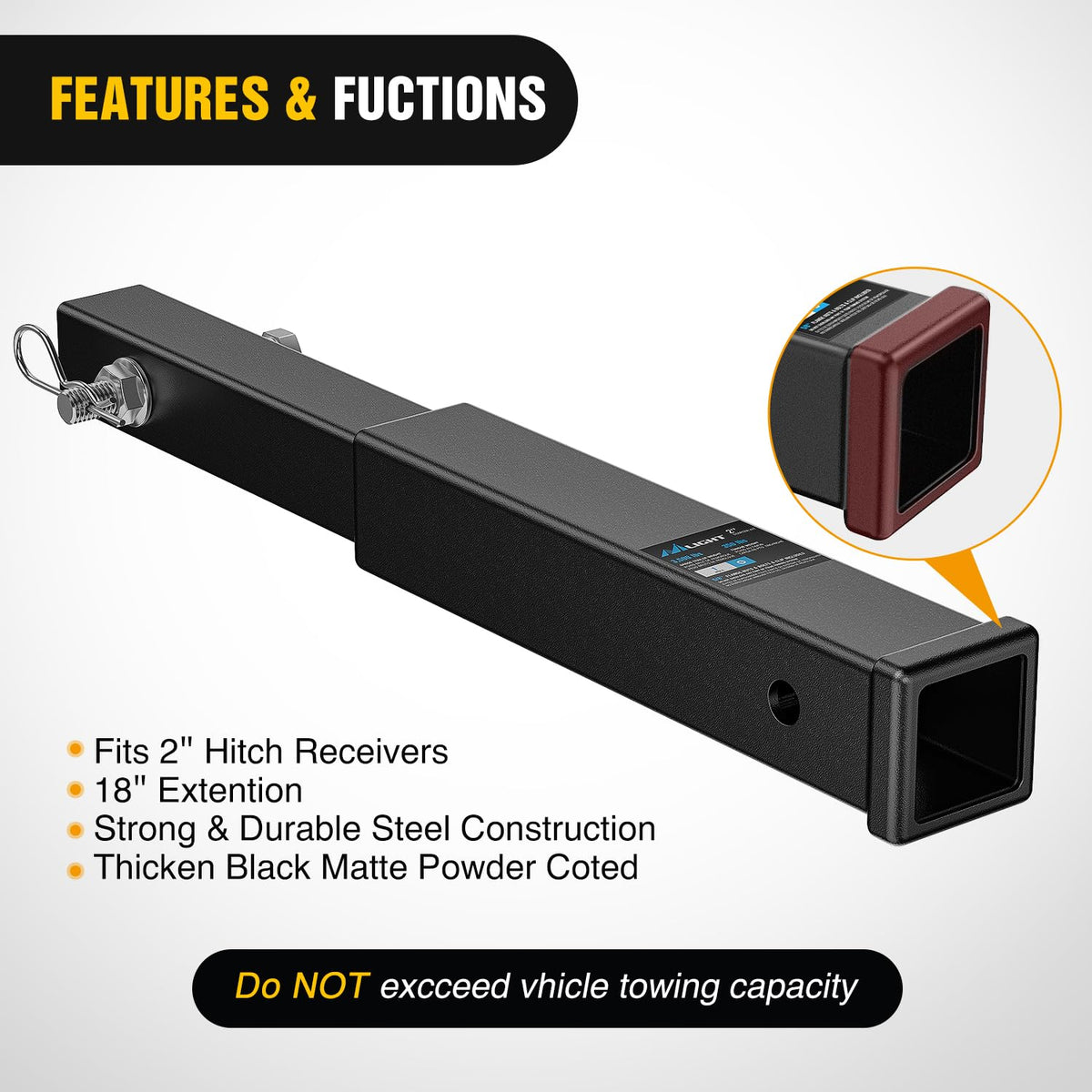 Nilight Trailer Hitch Extender 18 Inch Extension Length Fits for 2 Inch Receiver Tube with 5/8 Inch Stainless Steel Bolt Flange Nut and Clip 3,500 LBS GTW Matte Black