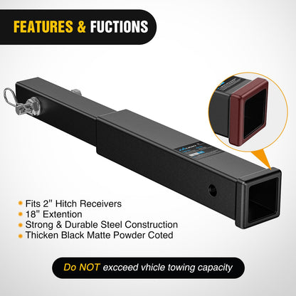 Nilight Trailer Hitch Extender 18 Inch Extension Length Fits for 2 Inch Receiver Tube with 5/8 Inch Stainless Steel Bolt Flange Nut and Clip 3,500 LBS GTW Matte Black