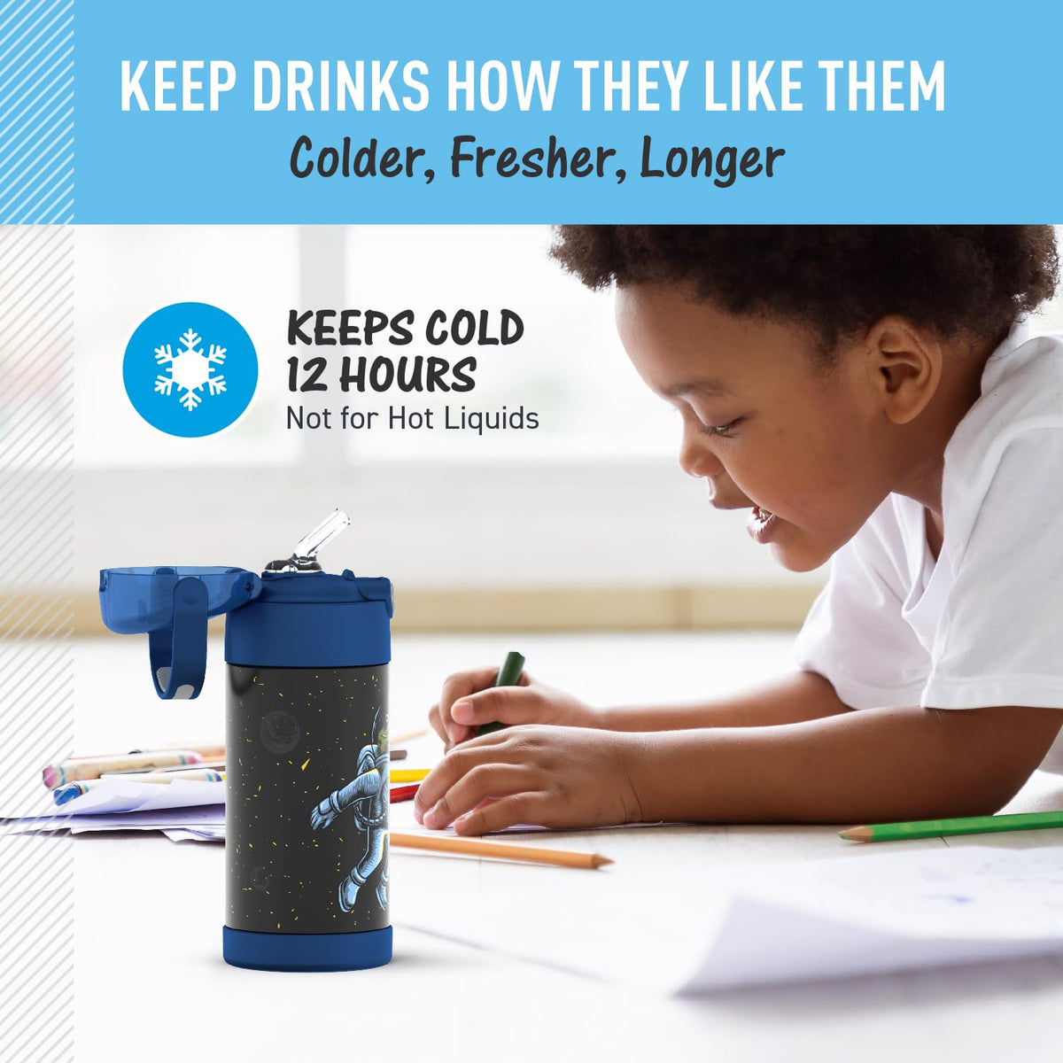 THERMOS FUNTAINER - Botella de agua con popote, 12 onzas, rana espacial, botella de agua aislada al aspiradora de acero inoxidable para niños con tapa