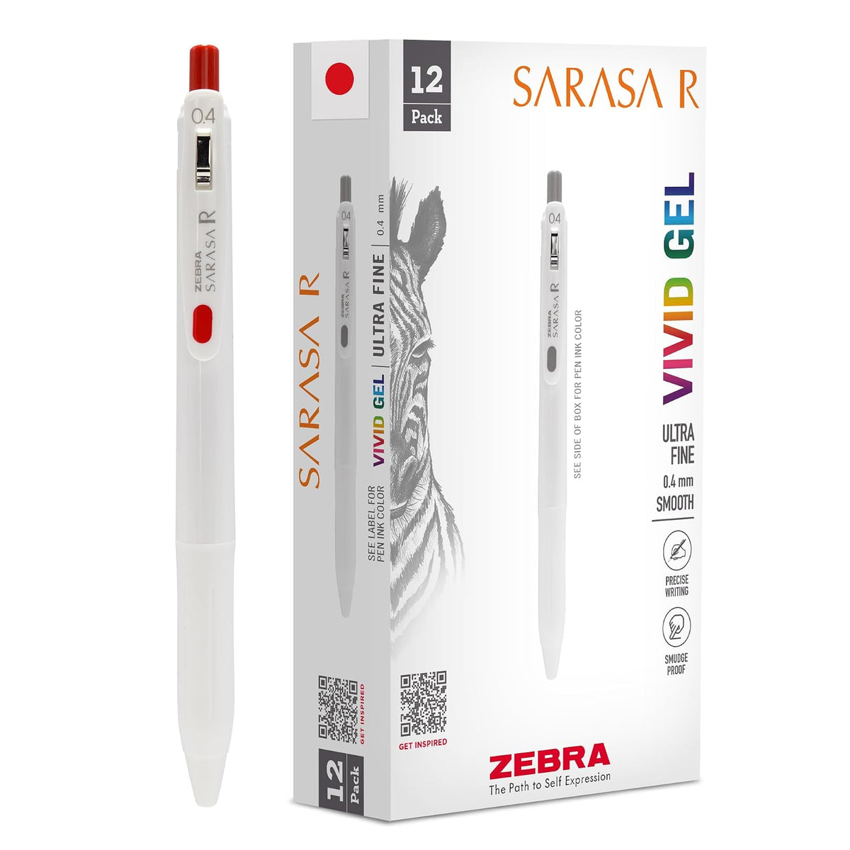 Zebra Sarasa R Bolígrafo de Gel Retráctil, Punta Extrafina 0.4 mm, Paquete con 14 - Rojo