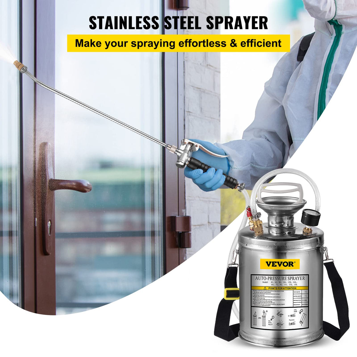 VEVOR Pulverizador de Mochila Manual Capacidad de 4 L Rociador de Mochila Presión de 1,5-4,0 Bar con Boquilla de Latón Uso en Interior y Exterior para Jardinería Doméstica y Limpieza de Pisos
