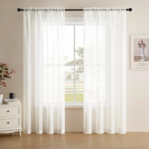 Joydeco White Sheer Curtains 63 Inch Length 2 Panels Set, Rod Pocket Long Sheer Curtains for Window Bedroom Living Room, Lightweight Semi Drape Panels for Yard Patio (54x63 Inch, Off White)
