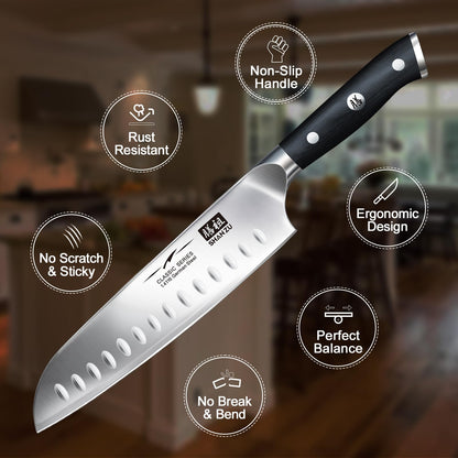 Cuchillo de Cocinero SHANZU Santoku 7 Pulgadas - Chef Profesional Alto Carbono con Acero Cromado Afilado, Hoja Santoku para Cocina y Chefs