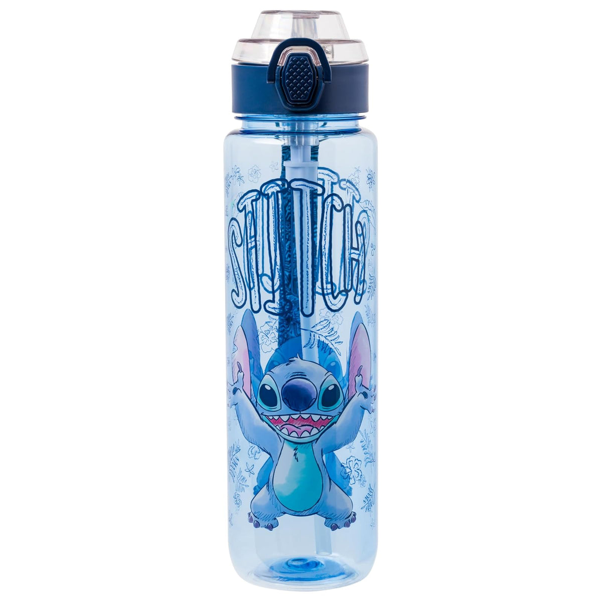 Silver Buffalo Disney Lilo and Stitch Botella de agua de plástico con tapa de bloqueo, correa y popote, 32 onzas