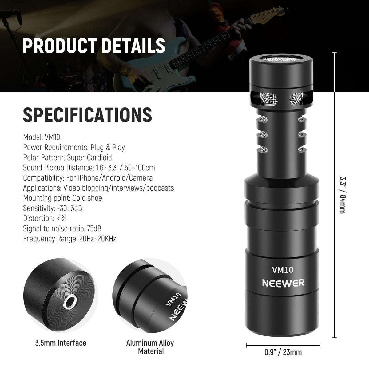 NEEWER Enchufar & Usar Vlog Micrófono, 20-20KHz Supercardioide Mini Mic con 3,5mm TRS, Cable USB C OTG, Montaje Antichoque, Parabrisas Compatible con iPhone 16 15 14 Samsung S24 Android Tablet, VM10