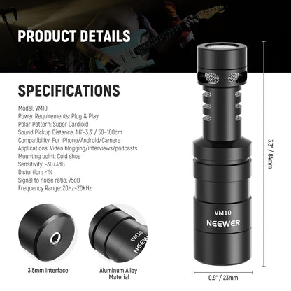 NEEWER Enchufar & Usar Vlog Micrófono, 20-20KHz Supercardioide Mini Mic con 3,5mm TRS, Cable USB C OTG, Montaje Antichoque, Parabrisas Compatible con iPhone 16 15 14 Samsung S24 Android Tablet, VM10