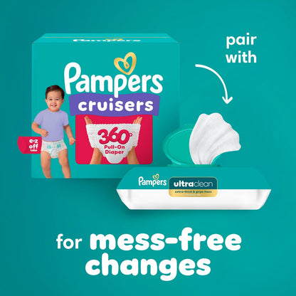 Pañales Pampers Cruceros de tirar, ajuste 360° Pañales desechables para bebé con cintura elástica suministro de un mes (el embalaje puede variar), tamaño 5, 128 unidades