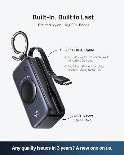 INIU Cargador portátil 3 en 1, pequeño Banco de energía de 5000 mAh con Cable USB C Incorporado y Cargador de Reloj, Paquete de batería de Carga rápida PD de 20 W, Cargador de Viaje para iPhone 16 15