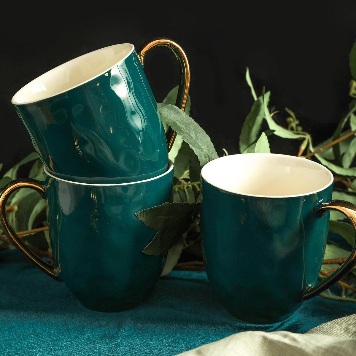 Stone Lain - Vajilla de porcelana de 16 piezas, servicio para 4, verde con ribete dorado