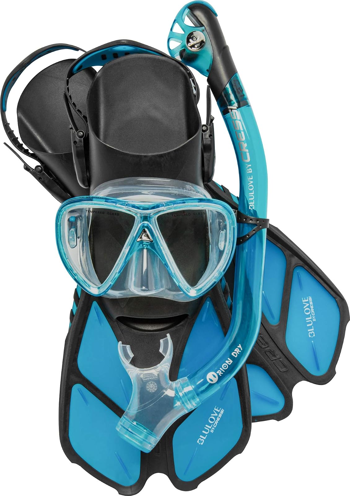 Cressi - Juego de esnórquel para Adultos (máscara, esnórquel seco, Aletas Ajustables) - Ligero para Viajes - Juego seco Bonete Pro, diseñado en Italia - Translucent Azul marino - S - M | US Man 4.5 - 8.5 | US Lady 5 - 9.5 | EU 36 - 41