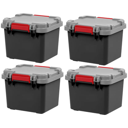IRIS USA Paquete de 4 TrailBox, Baúl de Almacenamiento Bloqueable de 30 Litros, Contenedor para Caja de Camioneta Resistente, Equipo de Camping, Baúl de Aventura - Negro/Gris - Negro - Gris - 30 litros - Paquete de 4