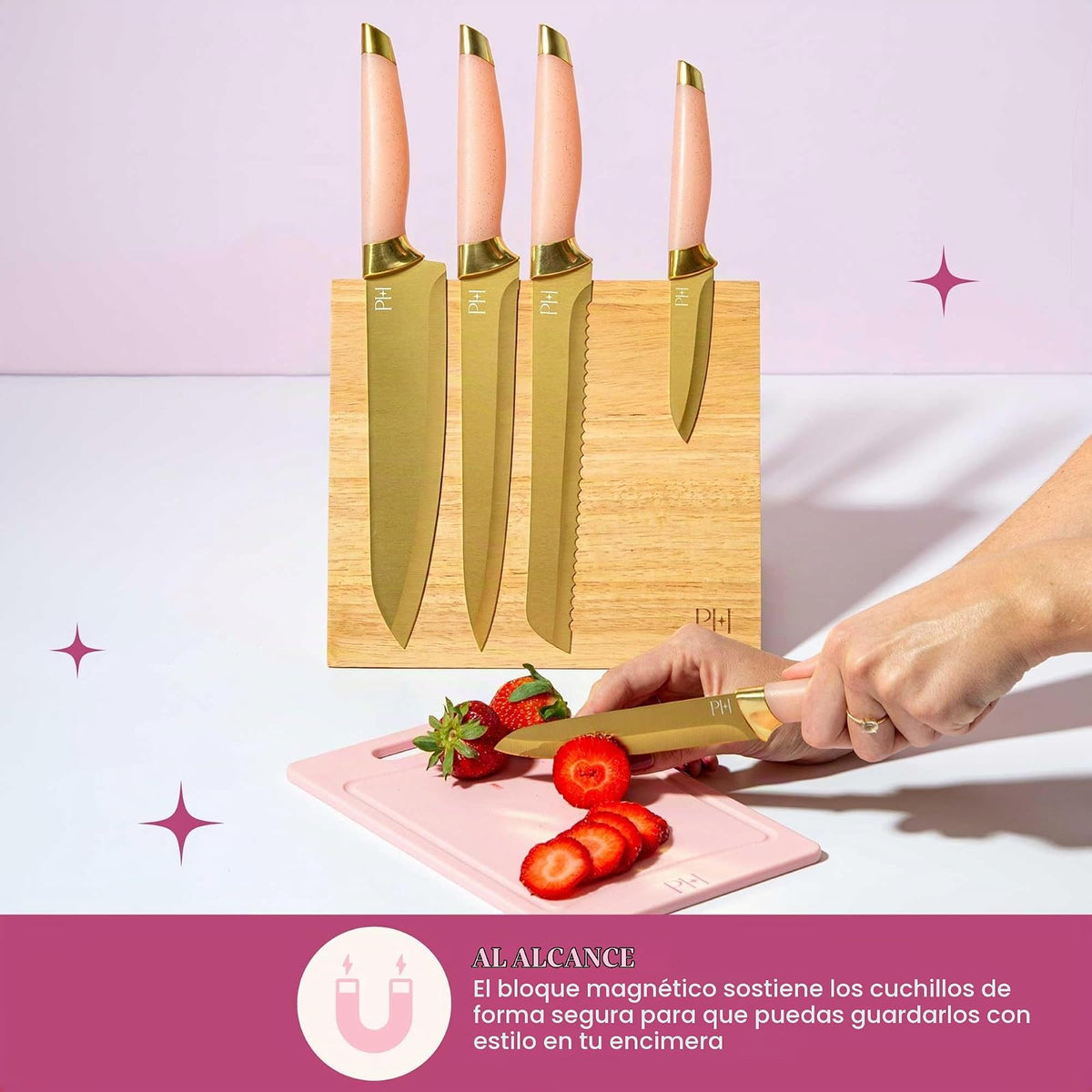 Paris Hilton Juego de bloques de cuchillos con bloque de cuchillos de madera magnético, cuchillas de acero inoxidable de alto carbono con revestimiento de titanio, asas de agarre elegantes y cómodas,
