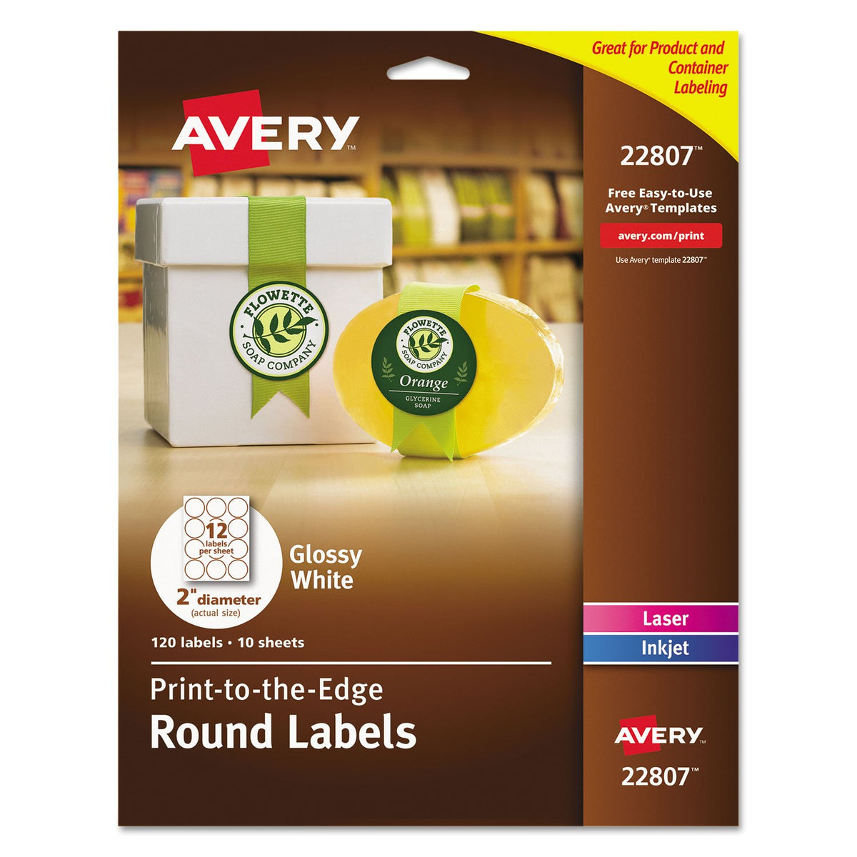 Avery 22807 Etiquetas Redondas para Impresora Láser e Inkjet, 120 Etiquetas, 2" Diámetro, color Blanco Glossy