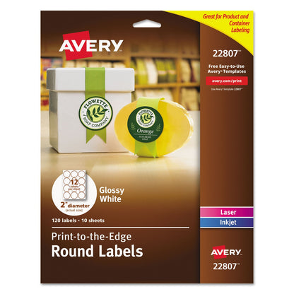 Avery 22807 Etiquetas Redondas para Impresora Láser e Inkjet, 120 Etiquetas, 2" Diámetro, color Blanco Glossy