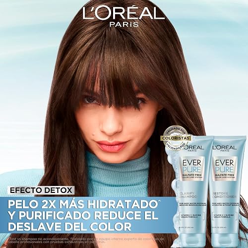 L'Oréal Paris Ever Pure Clarify & Restore Shampoo Efecto Detox, 200 ml | Fórmula vegana sin sulfatos ideal para pelo teñido. Hidrata, limpia a profundidad y aporta vitaminas con aroma de tipo spa.