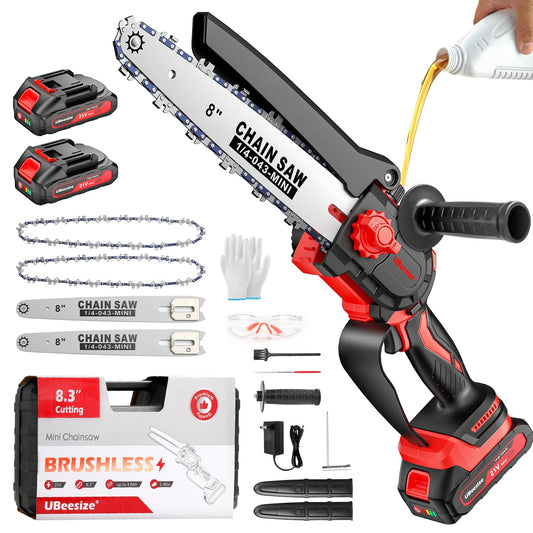 UBeesize Mini motosierra inalámbrica de 8 pulgadas, tiempo de funcionamiento más largo, motor sin escobillas, diseño de mango ergonómico, fácil de instalar, motosierra de batería profesional, perfecta