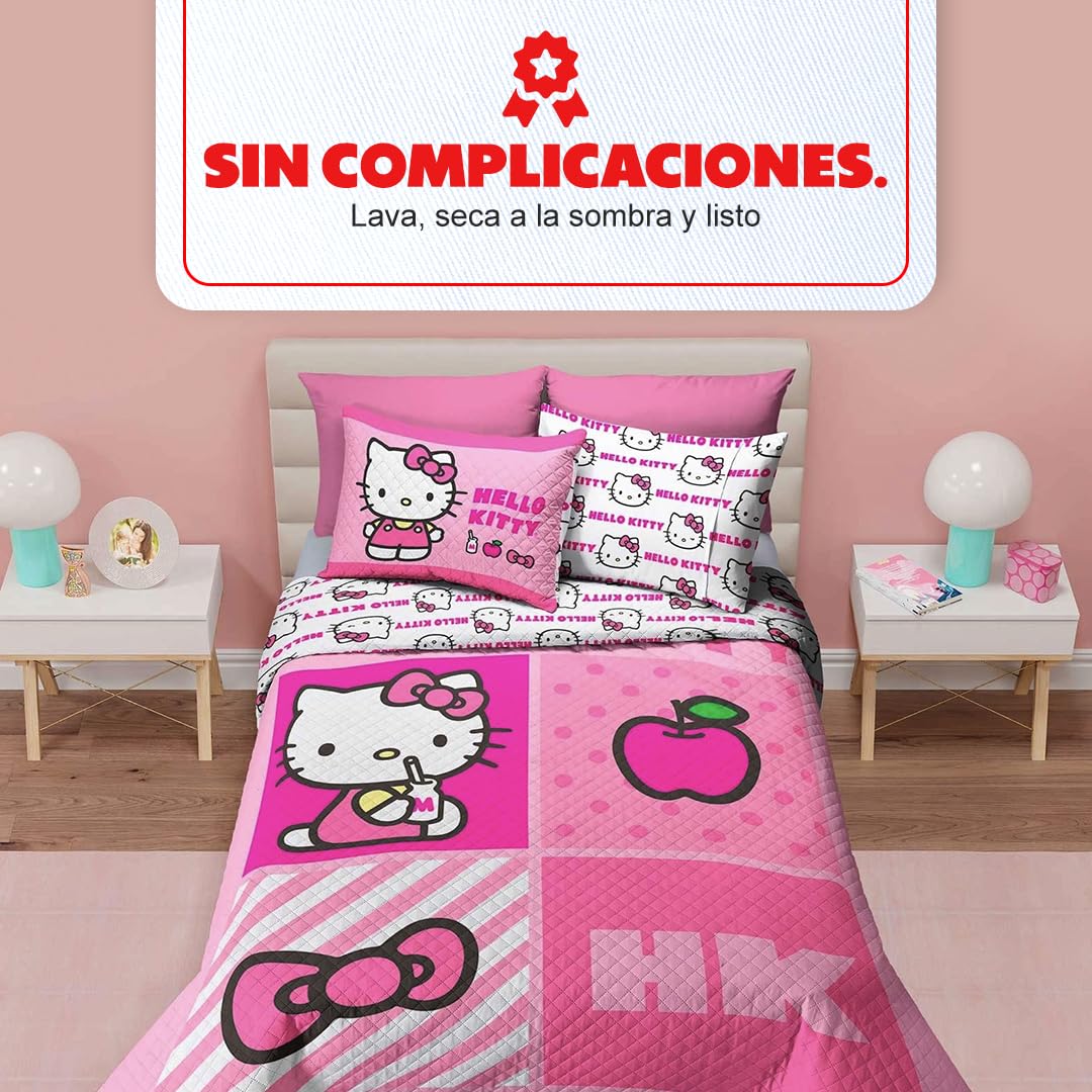 Providencia Edrecolcha Matrimonial 1.90 x 2.25 m con 2 Fundas para Almohada 70 x 50 cm. Hello Kitty. Mezcla Ideal Entre edredón y Colcha. Súper Suave, sin Calor. Lava fácil. Poliéster