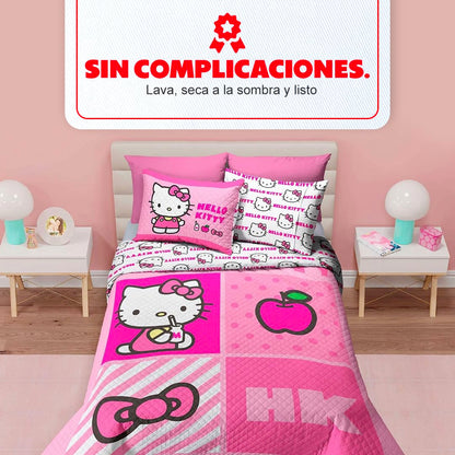Providencia Edrecolcha Matrimonial 1.90 x 2.25 m con 2 Fundas para Almohada 70 x 50 cm. Hello Kitty. Mezcla Ideal Entre edredón y Colcha. Súper Suave, sin Calor. Lava fácil. Poliéster