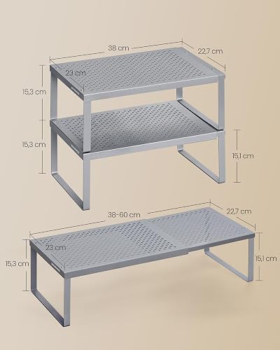 SONGMICS Juego de 2 Especieros, Extensibles, Organizador de Cocina, Estante de Cocina, Organizador de Armario, Metal, Plateado MKCS402FG01