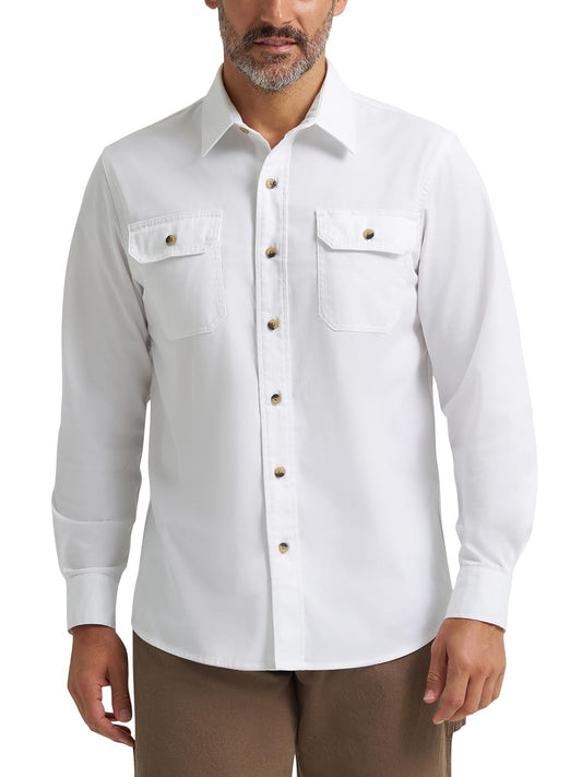 Wrangler Authentics - Camisa clásica de manga larga para hombre | Ajuste relajado, bolsillos dobles en el pecho, puños de botón, forro de cuello trasero de cambray, algodón lavado