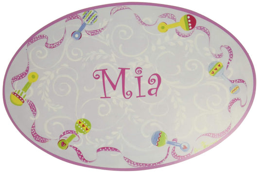The Kids Room Pink Rattles Personalized Oval Plaque, Mia