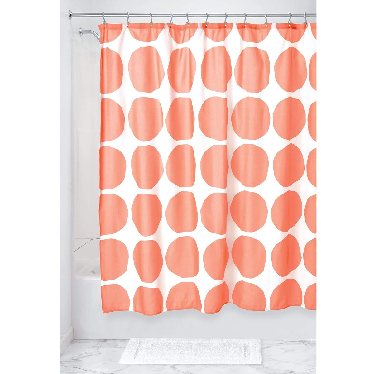 iDesign Geometric Fabric Dotted Water-Resistant Shower Curtain for Kids, Teenagers, College Dorm, Master Bathrooms, Coral