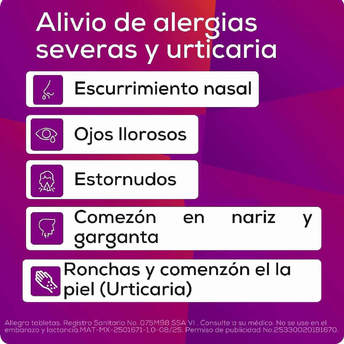 Allegra Antihistamínico para Alergias Severas y Urticaria 10 tabletas x 180 mg. Controla las Alergias Agraviadas por Contaminación. No Causa Sueño