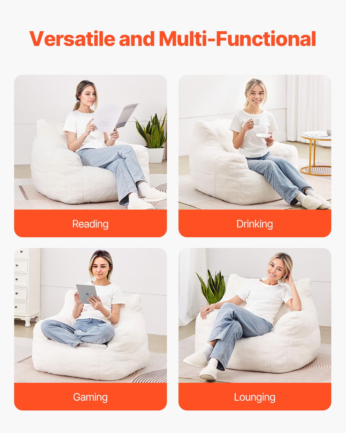 VEVOR Sillón Puf de 920 x 900 x 685 mm con Reposabrazos y Bolsillo de Almacenamiento, Relleno de Espuma Viscoelástica 25D con Funda de Terciopelo Suave, Puf de Carga de 150 kg para Dormitorio, Blanco