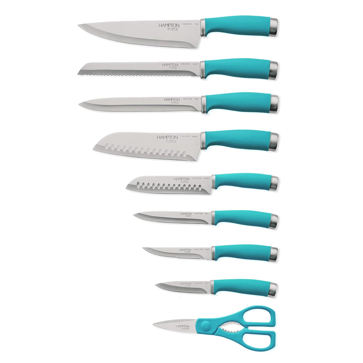 Hampton Forge Set de Cuchillos Epicure True Aqua 15 Piezas con Bloque de Madera, Acero Inoxidable, Lavado a Mano