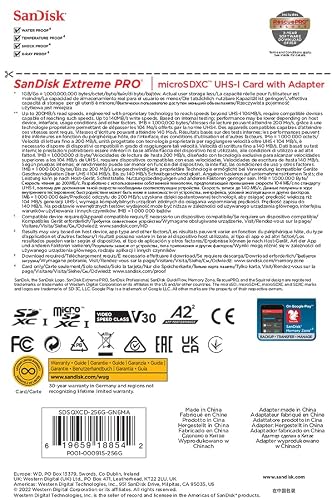 SanDisk Tarjeta microSDXC Extreme Pro de 256 GB + Adaptador SD + RescuePRO Deluxe, hasta 200 MB/s, con Rendimiento de aplicación A2, UHS-I, Clase 10, U3, V30