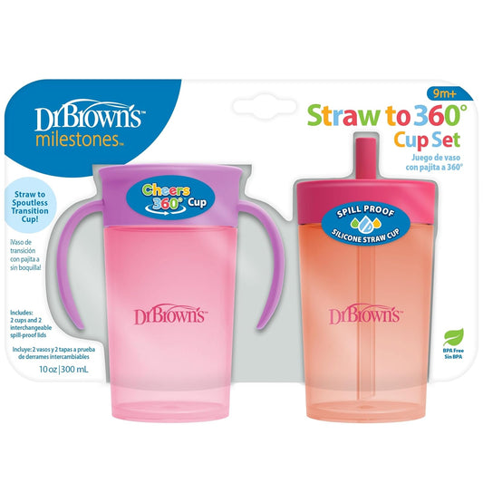 Dr. Brown's Milestones - Juego de paja a 360 tazas, color coral rosa, paquete de 2