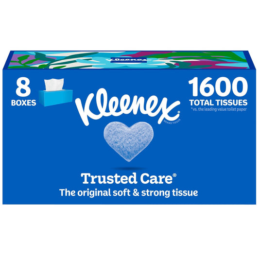 Kleenex - Pañuelos faciales de cuidado confiable, 8 cajas planas, 200 pañuelos por caja, 2 capas, el embalaje puede variar