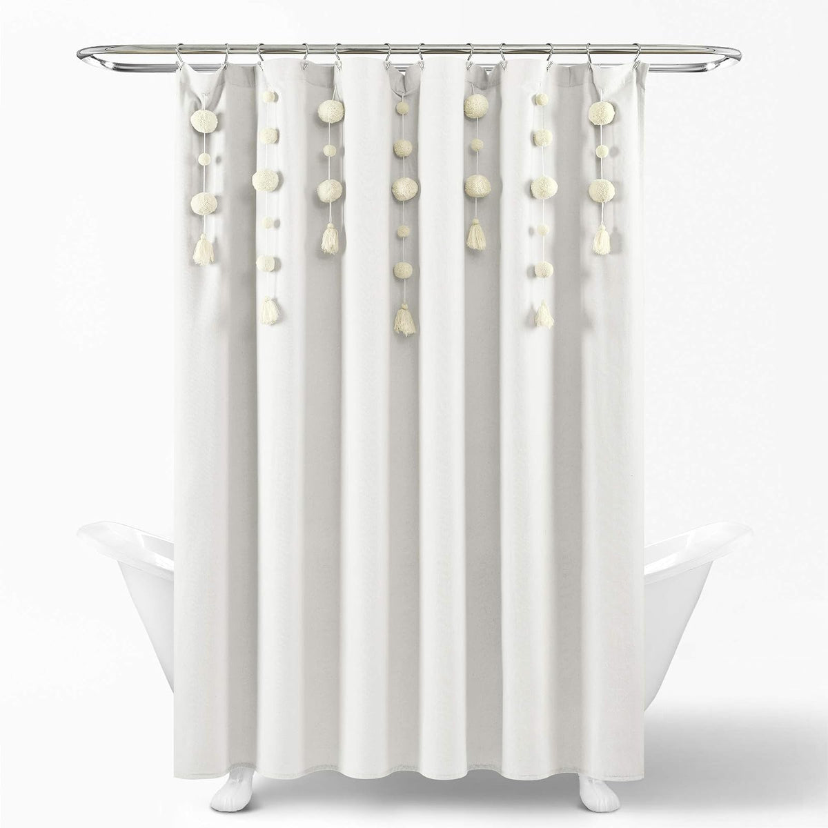 Lush Decor Cortina de Ducha de Lino con Pompones Bohemios, 72 x 72 Pulgadas, Color Blanco Roto